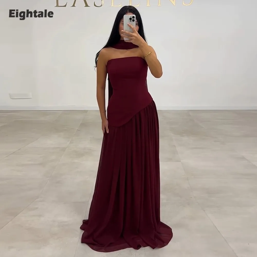 Eightale-vestido de noche árabe sin tirantes, plisado, sin mangas, color Burdeos, vestido de fiesta musulmán personalizado, vestido de fiesta de boda, sirena