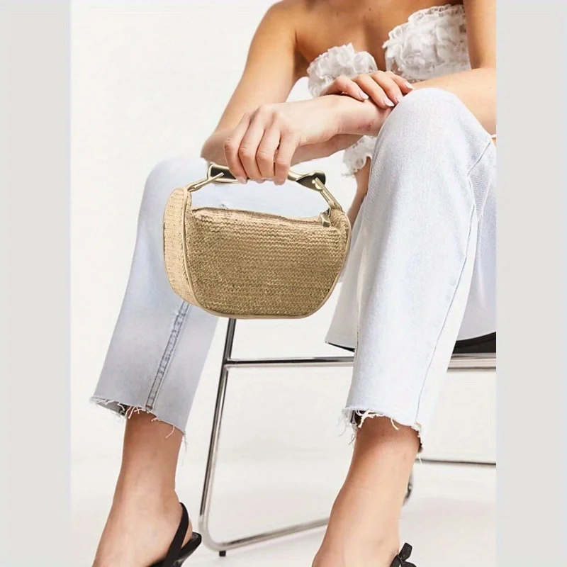 

Women's Luxury Woven Straw Handbag，With detachable metal shoulder strap - Gold-tone Handle and Zipper Closure，Elegant Evening Ha