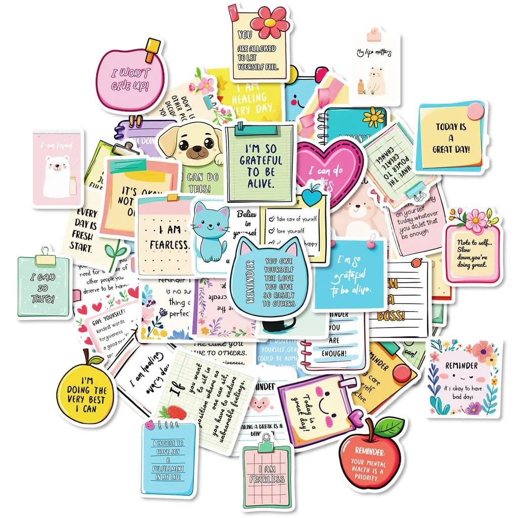 50Pcs Self‑Affirmation English Doodle Stickers, Fresh Ins‑style Cute Text Label Decals, DIY Decor Materials Giajar Sticker Store