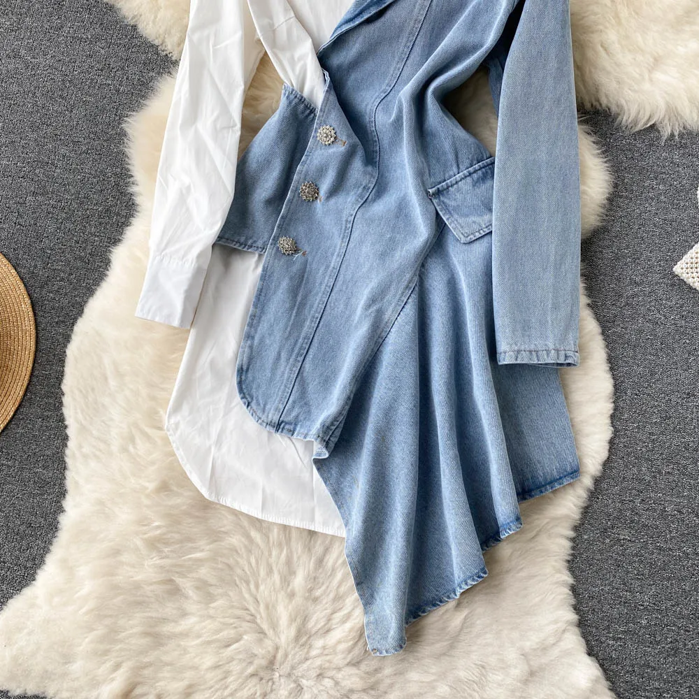 Women's Irregular Splicing Denim Dress Long-sleeved Shirt Patchwork Cowboy Temperamen Design Jeans Shirts Dresses