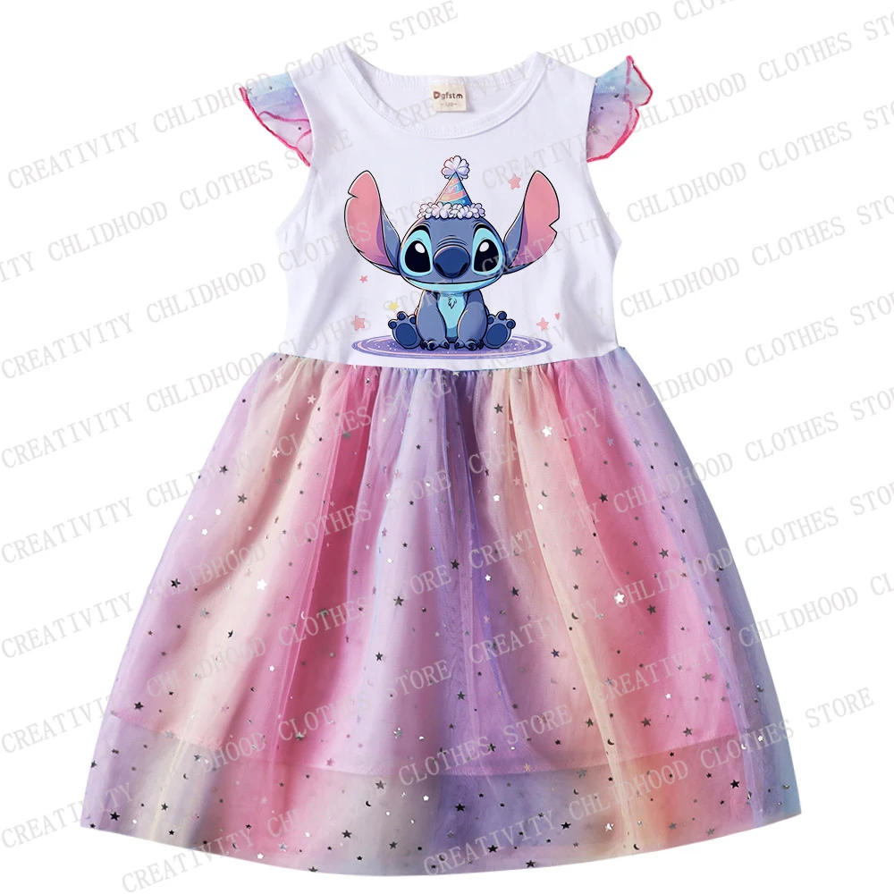 Mädchen Kleid Stich Sommer Kinder Disney Print Kleider Prinzessin Cartoons Freizeit kleidung Mädchen Gaze fliegende Ärmel Kind Baby Geschenke