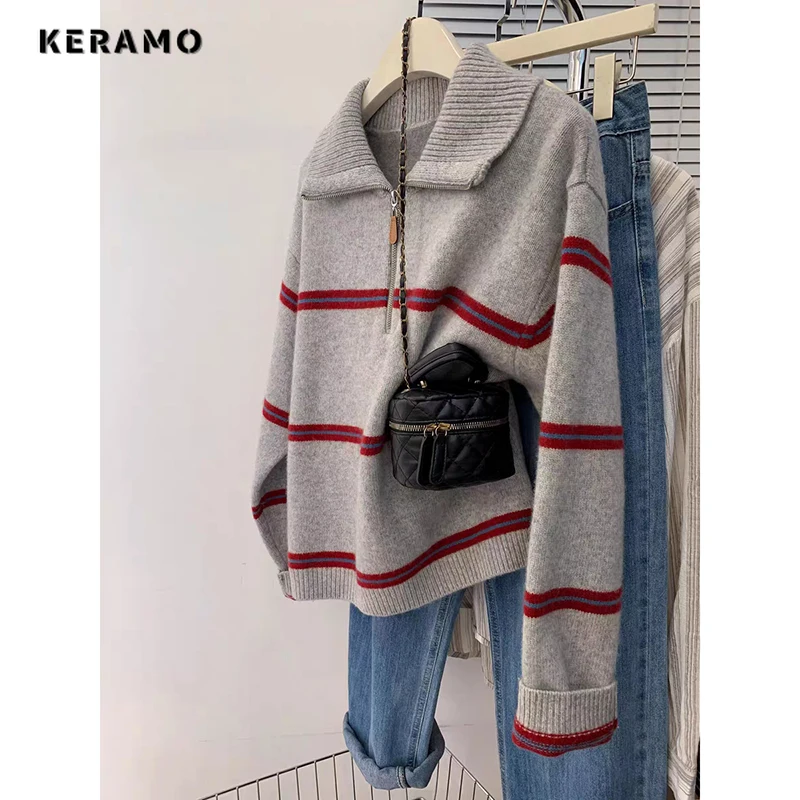 Spring Winter Women Fashion Loose Striped Knitted Gray Sweaters  Long Sleeve Retro Zip-up Pullovers Casual Pink Tops Y2k Female