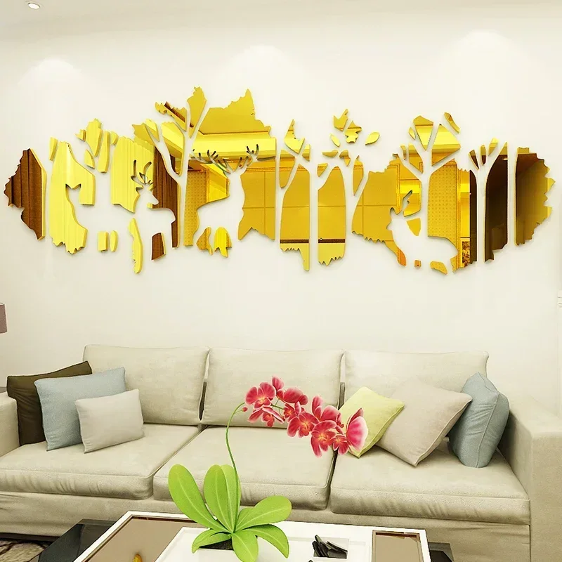 

Big size Forest Deer Acrylic Mirror wall stickers living room Personalized 3d Wall stickers Interior decoration Home decor