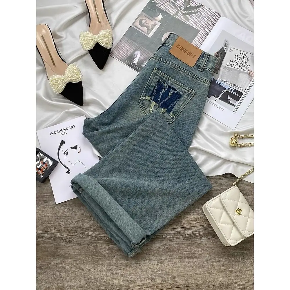 Retro blauwe wijde pijpen jeans dames dunne zomer hoge taille rechte losse kleine maat lange broek casual katoen...