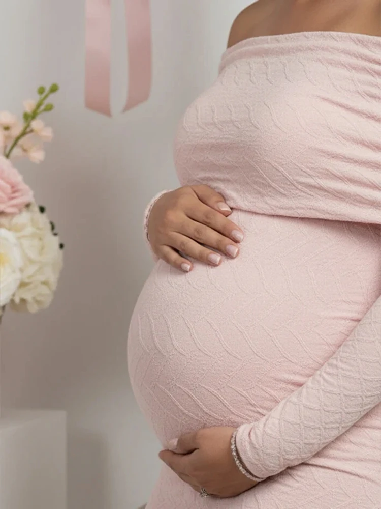 Maternity Off Shoulder Cutout Textured Pink Dress Elegant Mermaid Pregnancy Photography Gown Baby Shower Maternity Photo Outfit