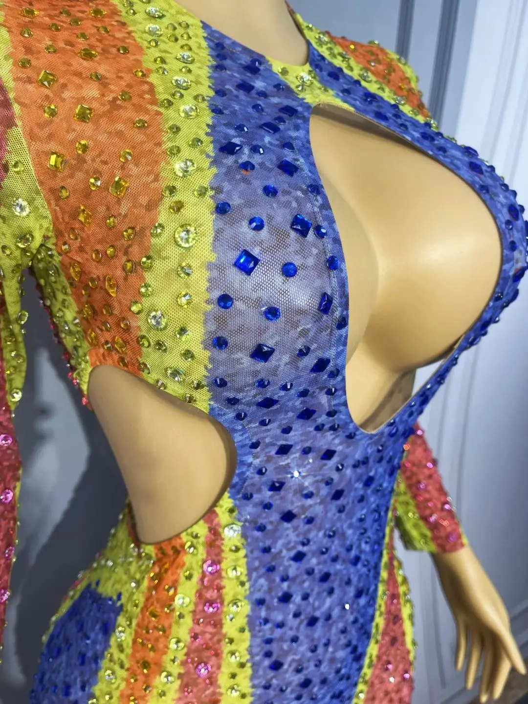 High-End-Mode Frauen Bunte Gedruckt Strass Mesh Kleid Sexy Cut Out Bodycon Maxi Lange Promi Abend Party Kleider