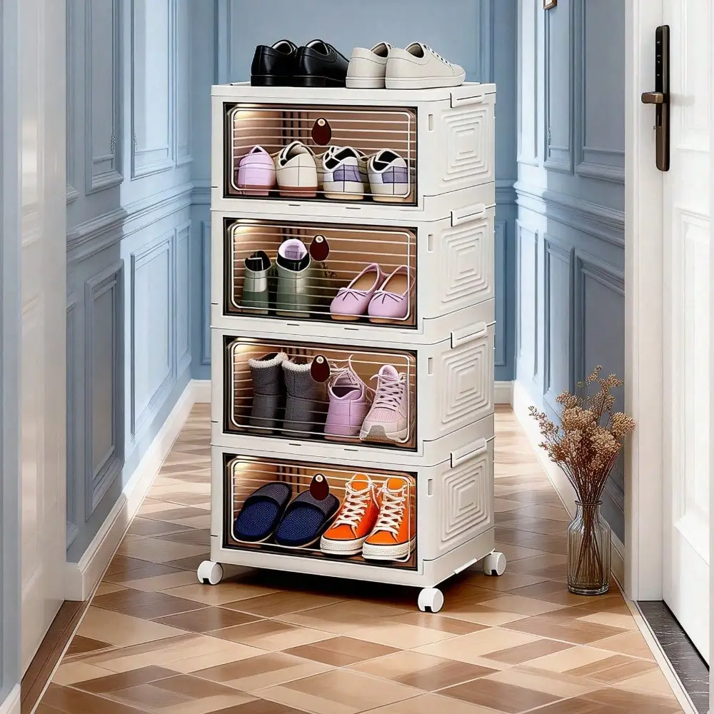 

Space-Saving 3/4/6-Tier Foldable Shoe Storage Cabinet With Universal Wheels – Transparent Visible Door For Quick Access.