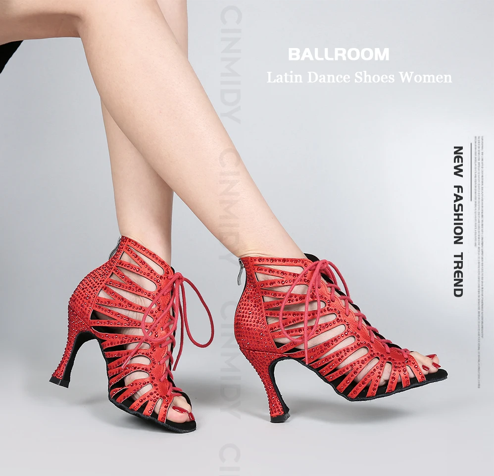 CINMIDY Schwarze Tanzschuhe für Damen Tango Salsa Latein Tanzschuhe Kubanischer Absatz Ballsaal Tanzstiefel Rote Partyschuhe zum Tanzen – Detail 1