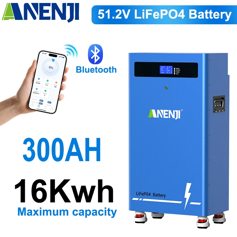 ANENJI 51,2V 314AH LiFePO4 Batterie 6000+ Zyklen Eingebautes BMS 16KWH Unterstützt 15 Einheiten Parallel Solaranlage Mit Bluetooth