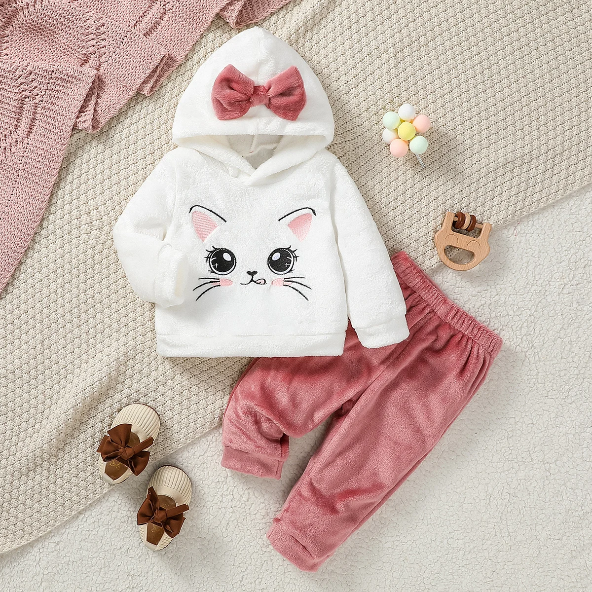 Baby Girls Autumn/Winter Plush Hoodie Sweatshirt With Bow Cartoon Cat & Trousers For 6M-3Y Casual Cute Set