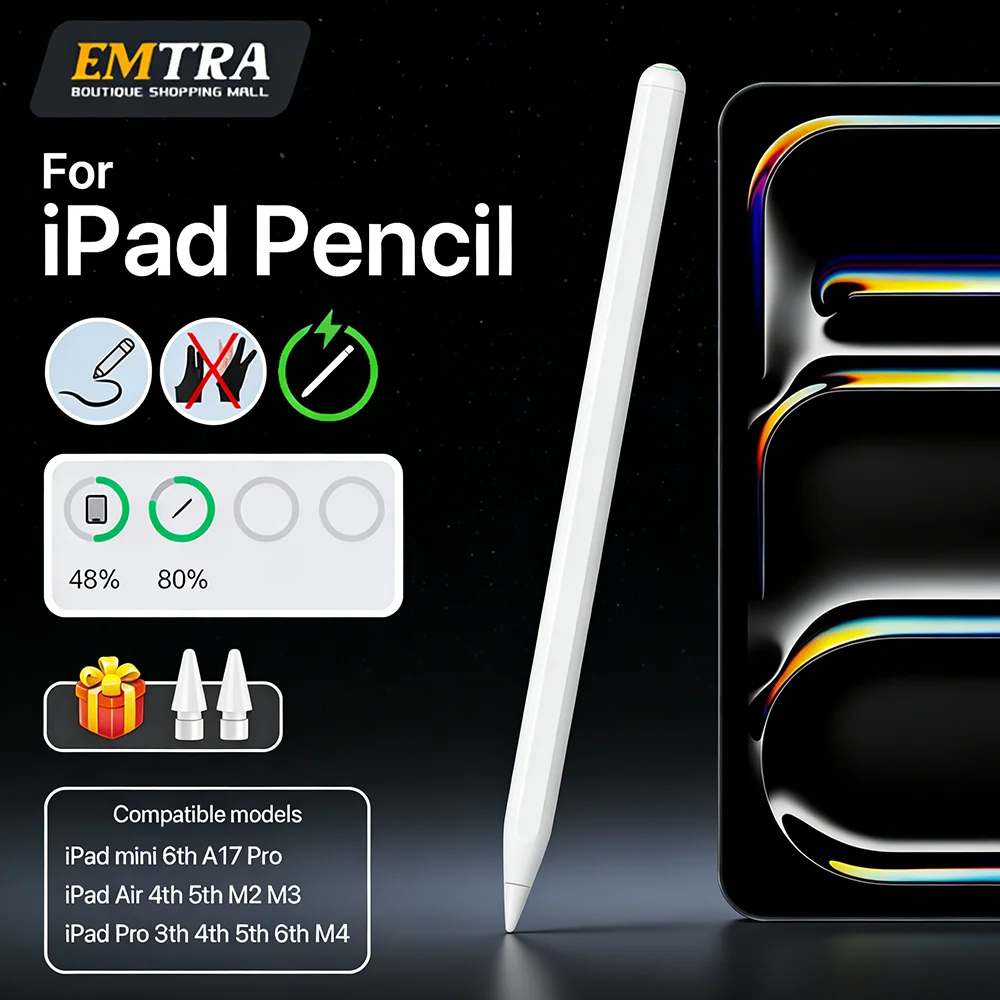 

Стилус с магнитной зарядкой, функцией Palm Rejection и чувствительностью к наклону для iPad Pro, Mini, Air 11 (4-го и 5-го поколений), 12.9 (3-го поколения), 13, M4. Сенсорные ручки.