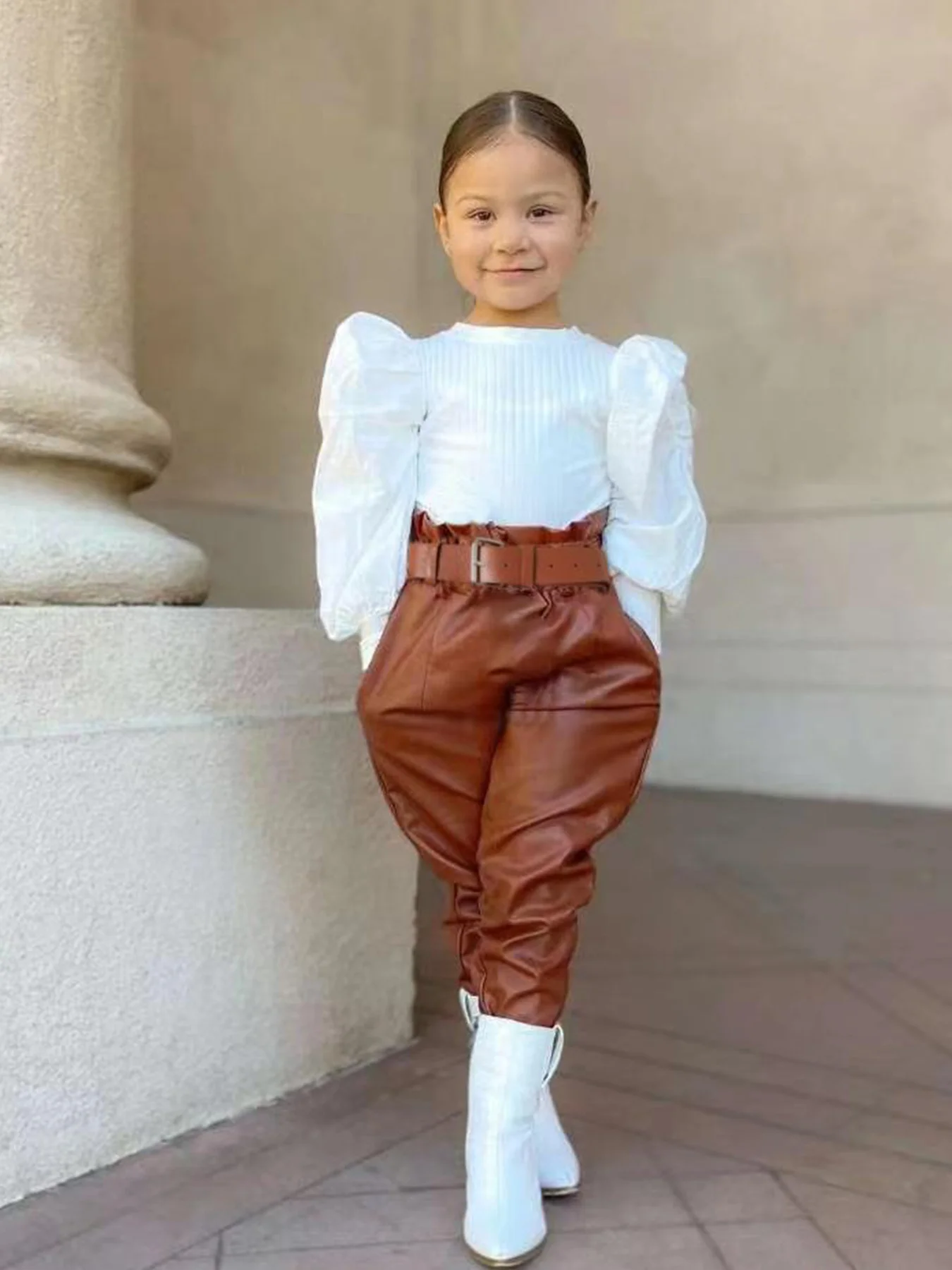 Girls Fall/Winter Casual Outfit Set - Long Sleeve Ruffled Blouse + Brown Belted Pants + White Ankle Boots