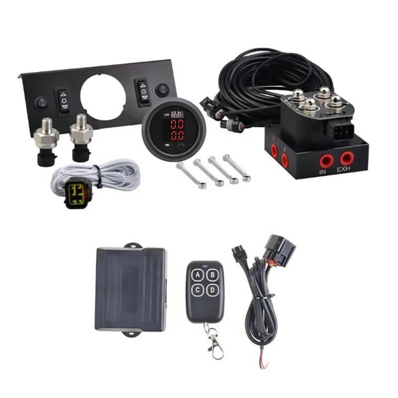 Detalhe 3 de Válvula solenoide New!Universal Air Ride Suspension Dual Display Pressure Gauge With Solenoid Valve & Remote Control & Panel Ship Type Switch KIT Pneumática