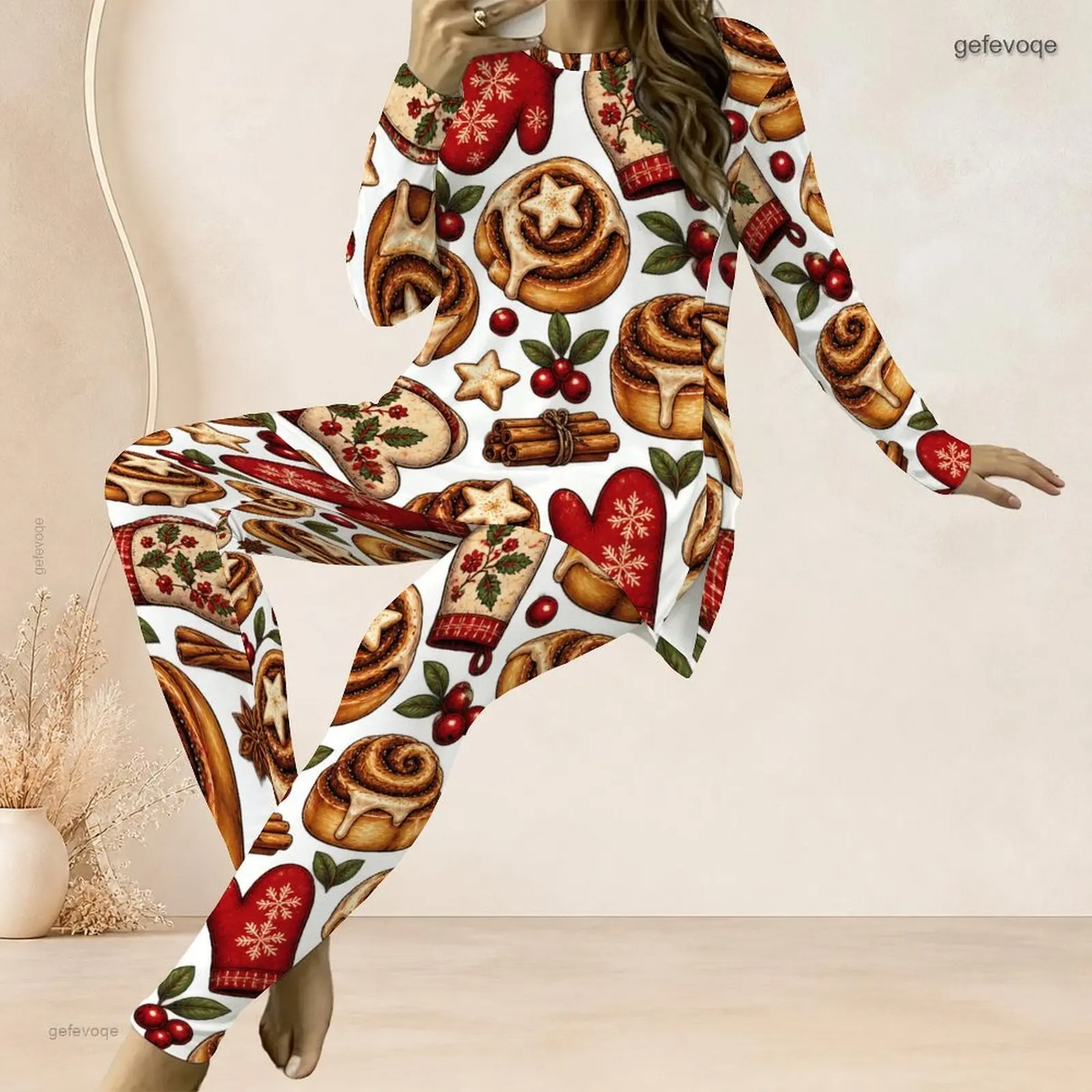 Women Printed Red Cardinal Bird Pine Cone Mushroom Round Neck Long Sleeve Two Piece Pants Set