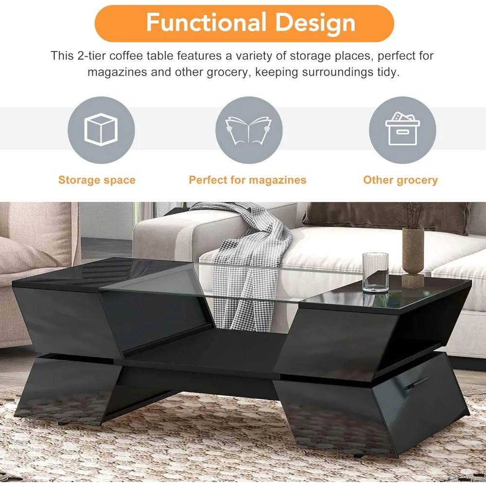 Table basse géométrique à plateau en verre de 6 mm avec étagères et armoires ouvertes, table de cocktail élégante