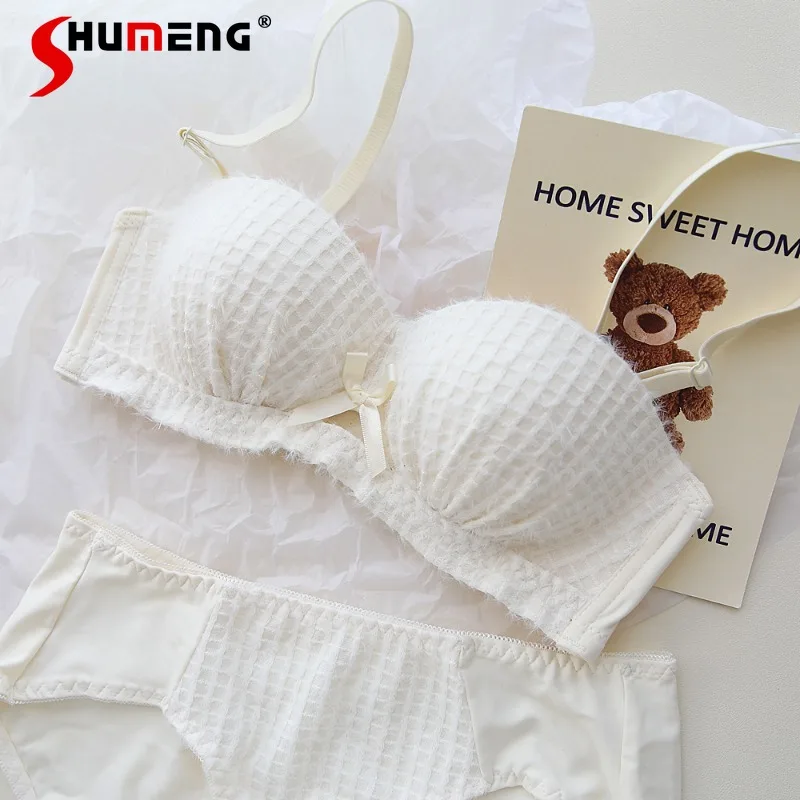 

Autumn Winter Retro Fluffy Bra Set for Girls Half Cup Small Chest Push Up Underwear Women's Solid Wireless Sexy Brief Suits