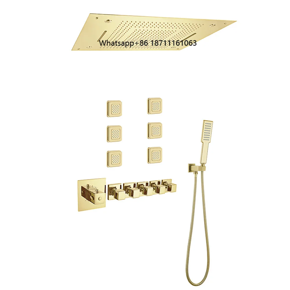 Brushed Gold 800*600 MM 32 Inc LED Rain Waterfall Mist Shower Head Concealed Ceiling Mounted 5 Functions Shower System Set