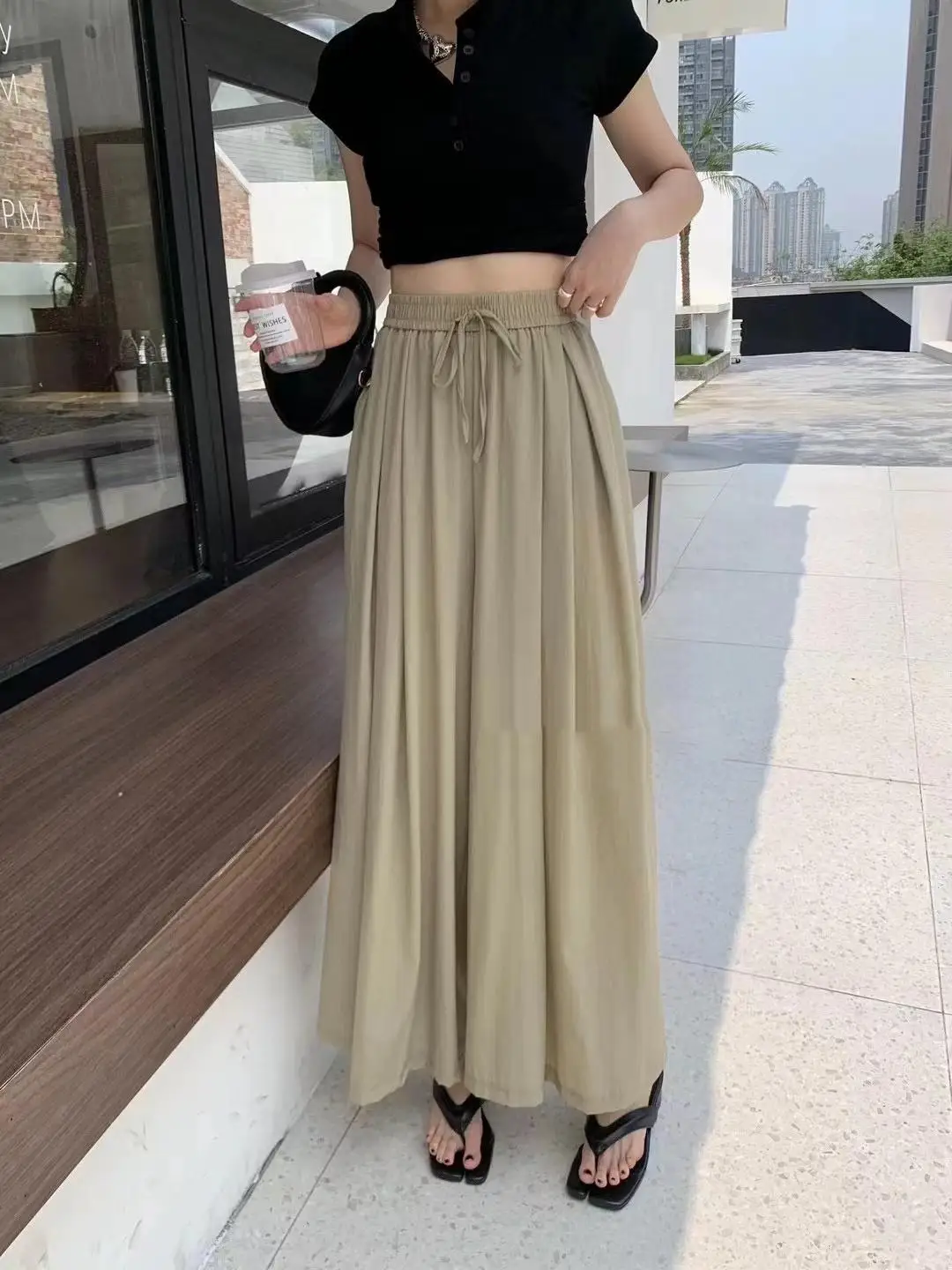 

Summer Casual Pants Women Thin Design Sense Lace-up High Waist Straight Nine Points Wide Leg Trouser Skirt 2024 Korean Fashion