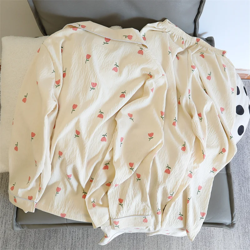 Print Floral Womens Pajamas Sleepwear Set Soft Comfortable Long Sleeve Tops with Pants Pajama 2 Pieces Lingerie Women Home Suit