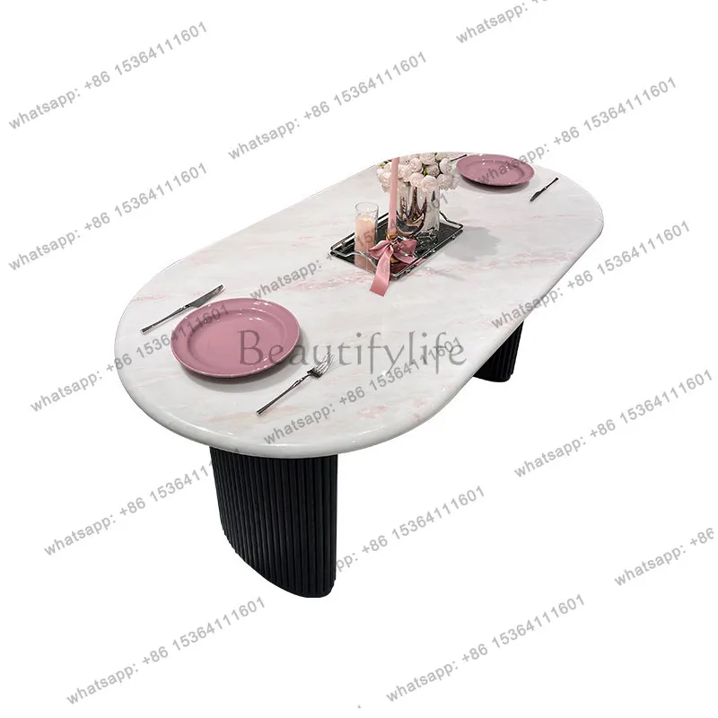 French medieval pink luxury stone dining table natural marble small apartment ash wood dining table