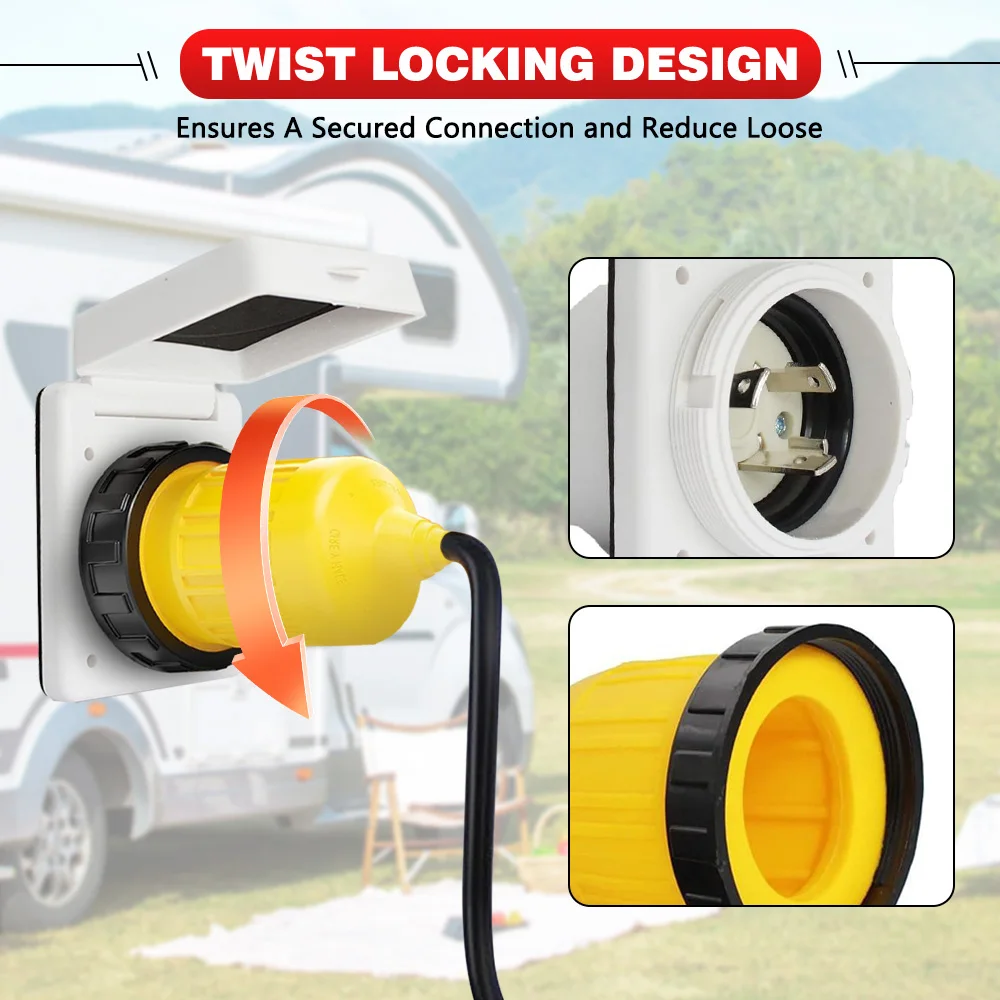 NEMA L5-30P To L5-30R Yellow Power Plug For RV Camper Trailer Boat Caravan Motorhome Van 30A with Twist Locking Socket