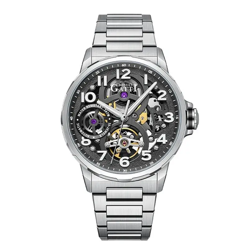 

BONEST GATTI Men Automatic Watch 42mm Mechanical Wristwatch 5ATM Waterproof Sapphire Mirror Luminous Skeleton Dial