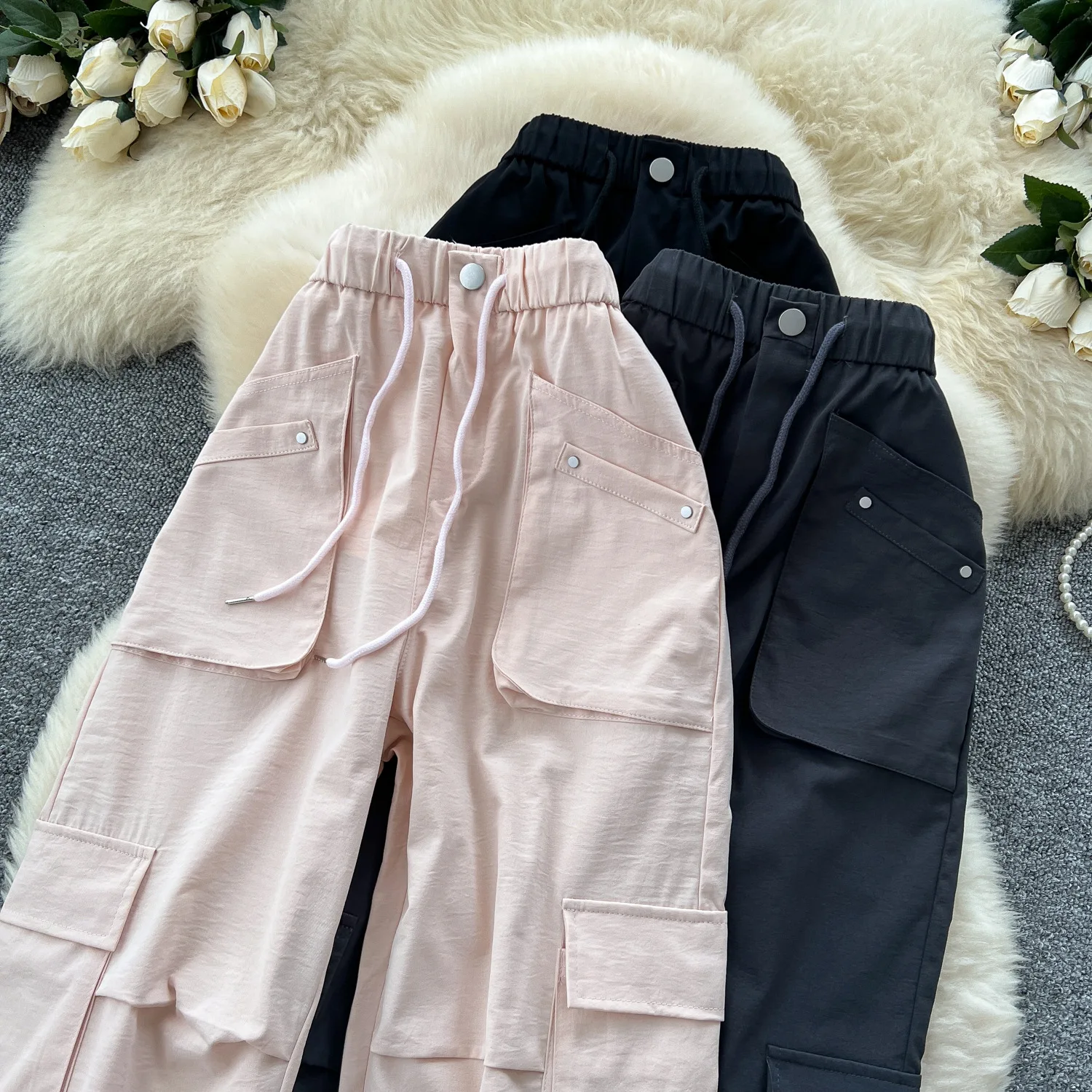 Cargo Pant Women Wide Leg Long Pants Lace Up High Waist Straight Trousers Y2k Streetwear Elegant Splice Work Casual 2025 Summer
