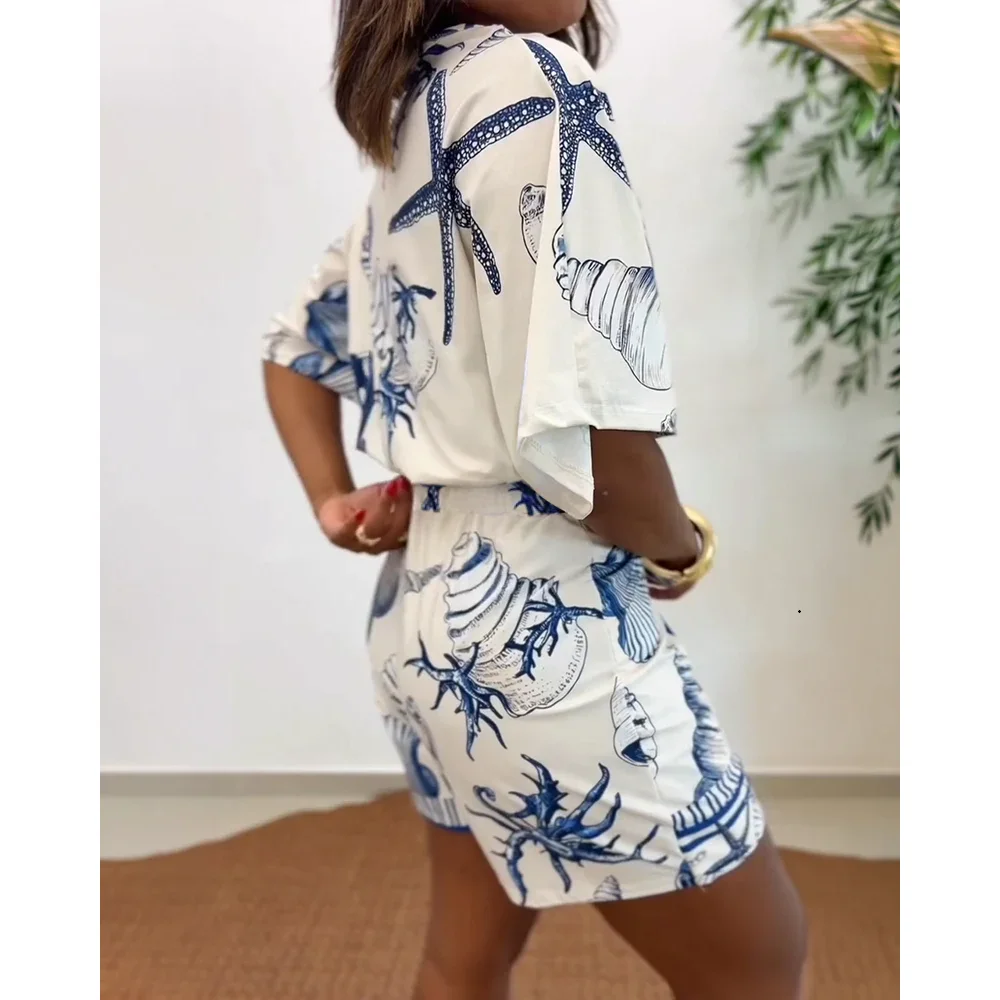 Women's Starfish & Seashell Print Overlap V Neck Half Sleeve Wrap Knot Side Romper Casual Stretchy Back Waist Vacation Romper