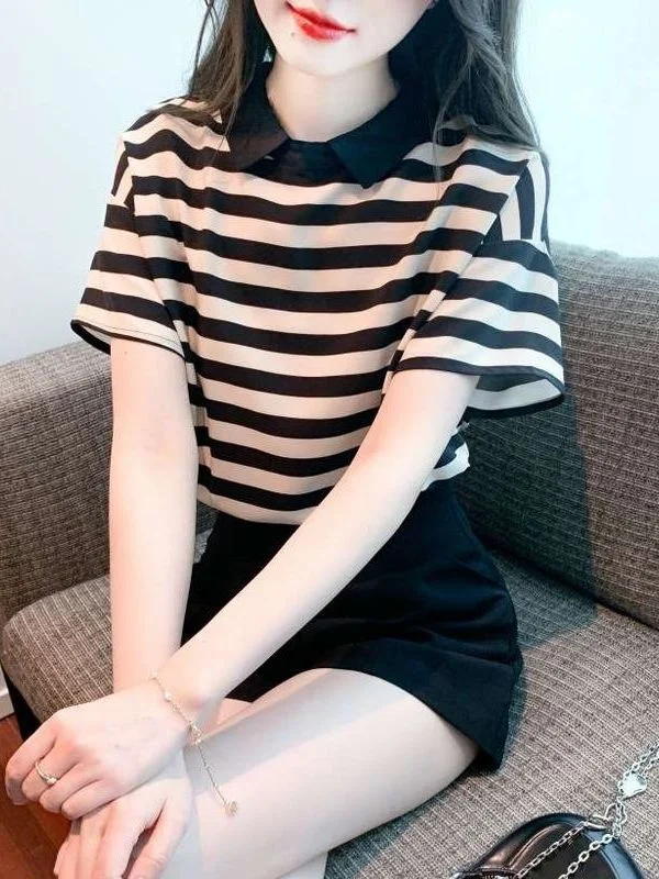 

European Style Women's Chiffon Shirt Summer New Short Sleeve Cleanfit Poly Fabric Neck Thin Stripe Pattern Ladies Shirt