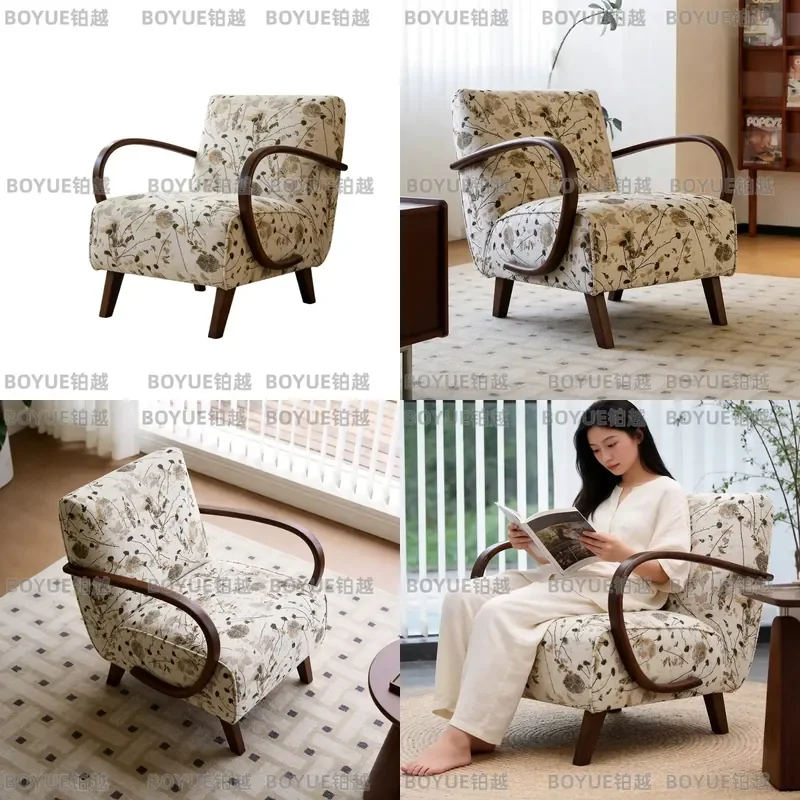 Vintage Medieval Embroidery Fabric Armchair Solid Wood Leisure Chair Retro Living Room Furniture Small Apartment Home Decor