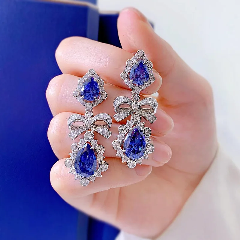 2022 new fashion drop-shaped tanzanite blue earrings for women 8*12 imitation sapphire European and American long