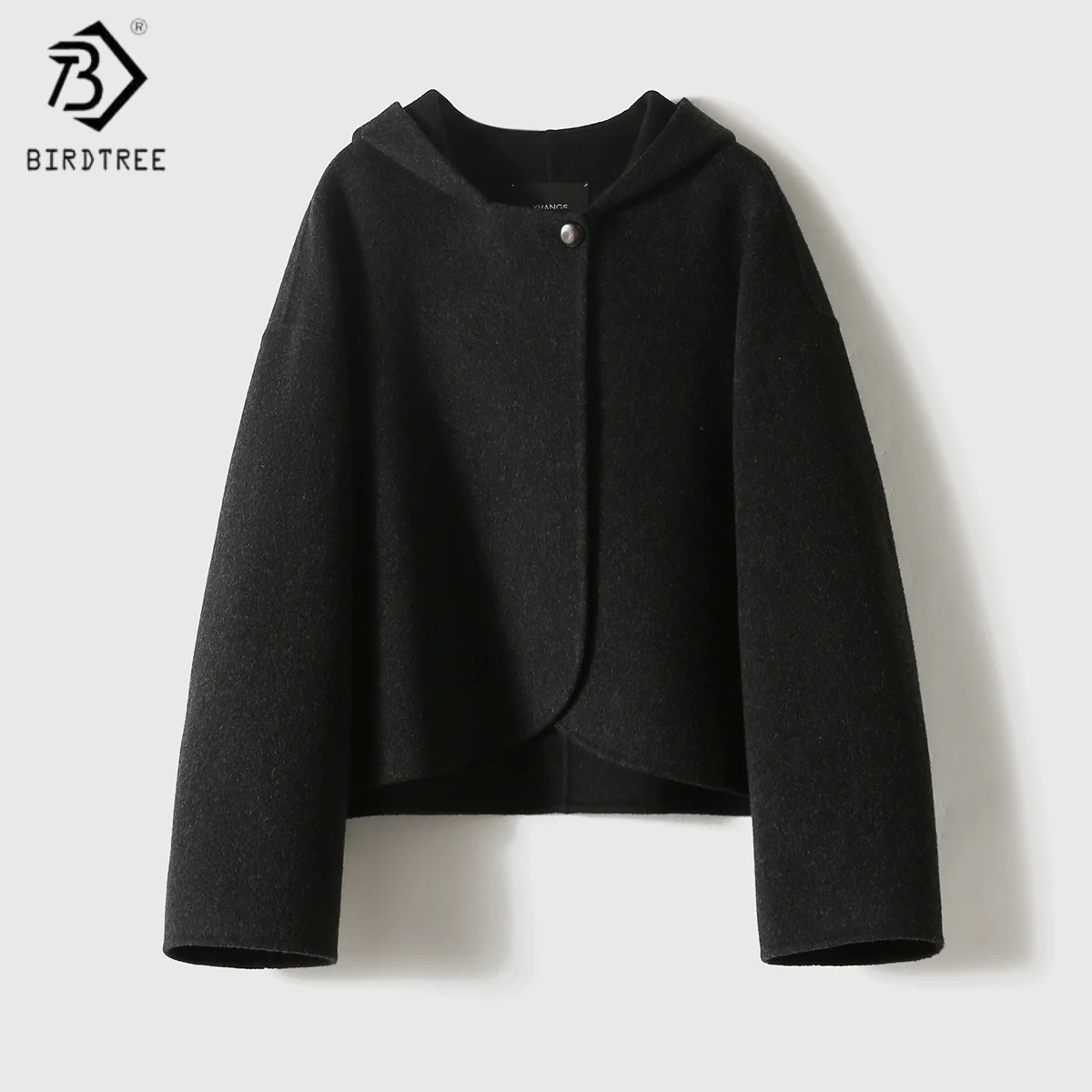 

Birdtree, пальто из 100% овечьей шерсти, женский модный кардиган с капюшоном, полный рукав, рабочий стиль, осенне-зимние короткие пальто 2025 T5N908JF