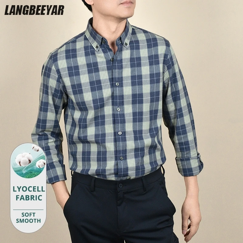 

Премиум-лиоцелвая ткань, новая мода, облегающие мужские рубашки, клетчатый деловой дышащий клетчатый повседневный топ на пуговицах с длинными рукавами