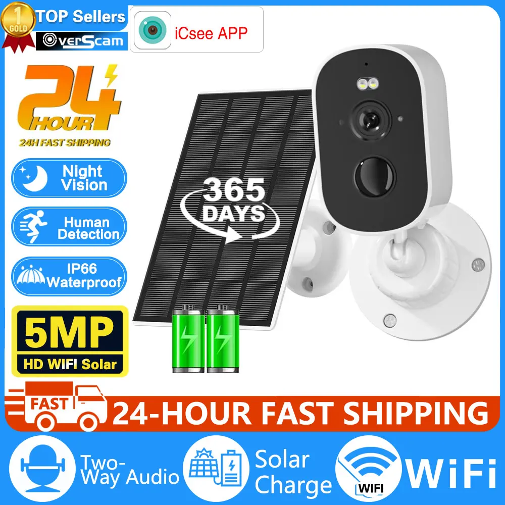 

5MP ICsee WiFi Camera Solar Outdoor Wireless Battery Powered Bullet Security Camera PIR Motion Alarm Cloud Storage Two Way Audio