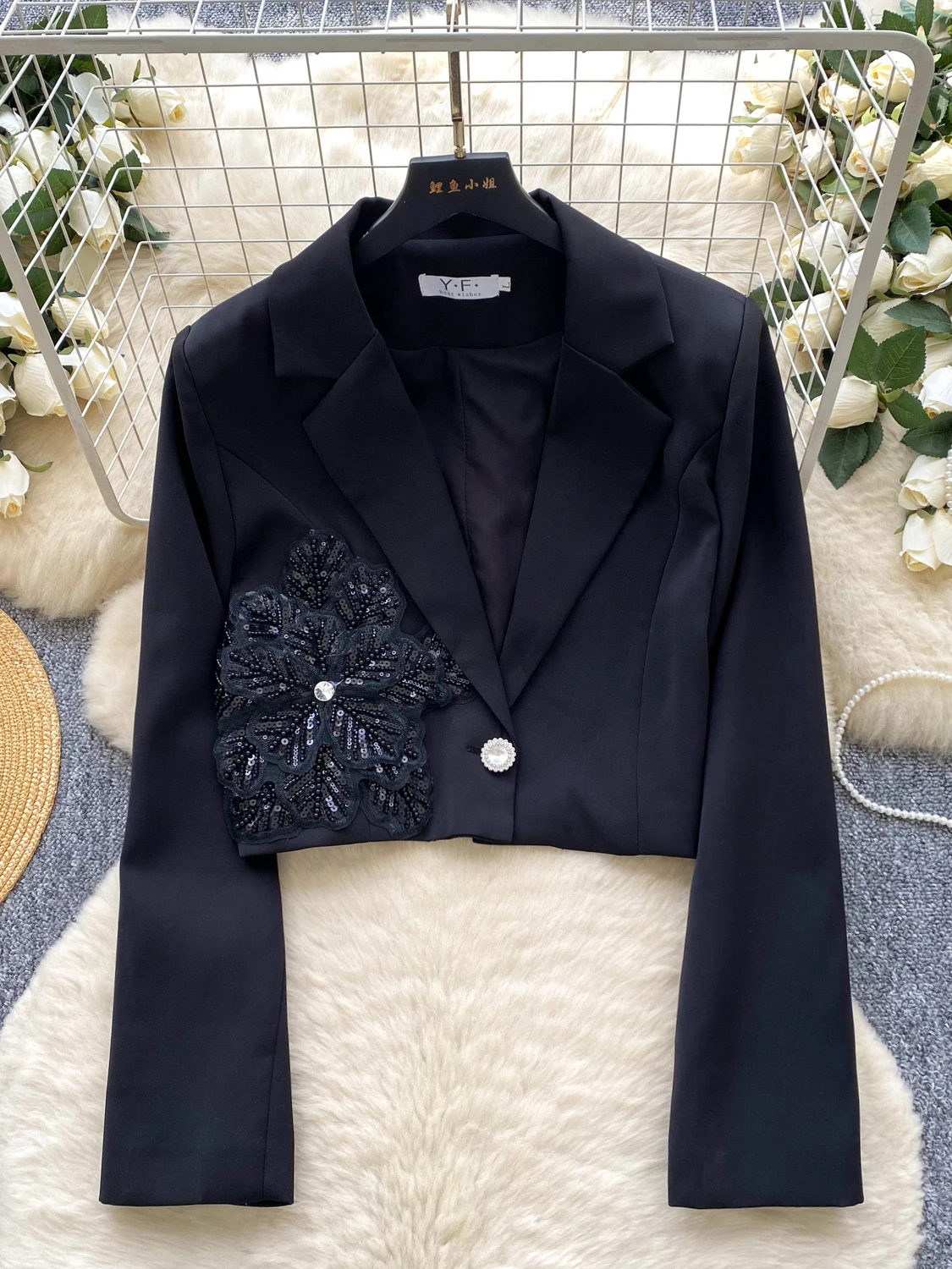 화려한 시퀸 장식 3D 꽃 긴 소매 여성 정장 재킷 다용도 스타일