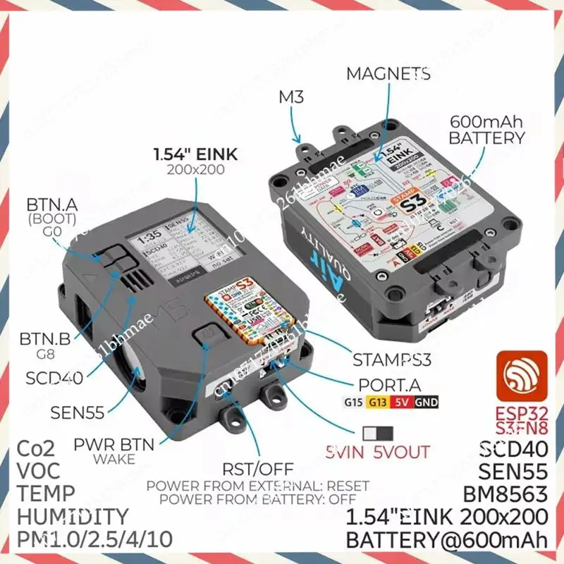 -A21Z مجموعة أجهزة استشعار مراقبة جودة الهواء شاشة حبر 1.54 بوصة مع SEN55 & SCD40 لجهاز Iot القابل للبرمجة للكشف عن الهواء