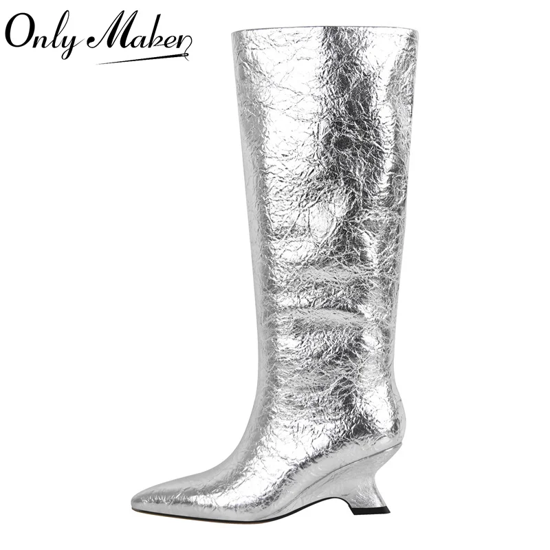 

Onlymaker Women Pointed Toe Sliver Shaped Heel Knee High Boots Fashion Kitten Heel Female Boots