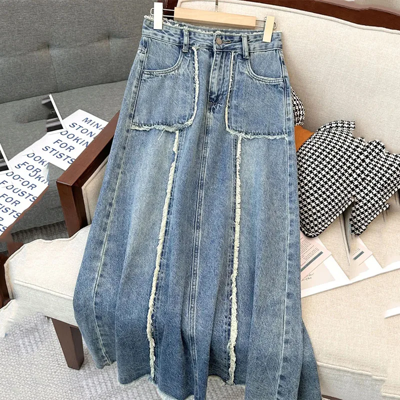 

New Spring Autumn Female Denim Skirt Raw Edge Stitching Loose High Waist A-line Skirts Women's Casual Denim Long Skirts Blue 5XL