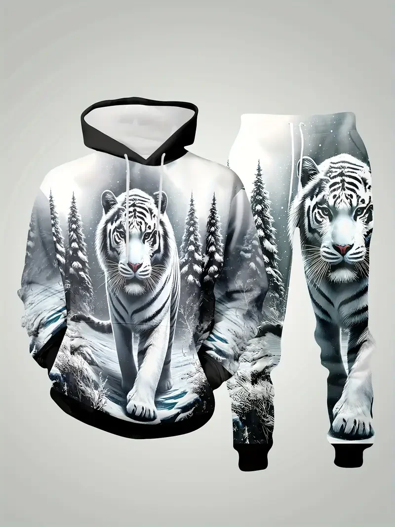 

Осенне-зимний мужской комплект с капюшоном. Мужской комплект с капюшоном для спорта и отдыха. Комплект с рисунком тигра и волка. Быстросохнущий и дышащий.