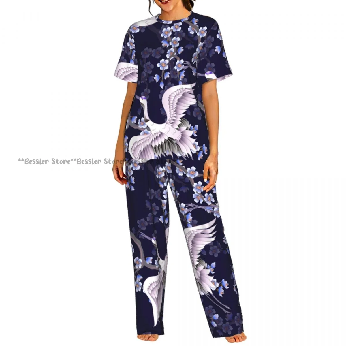 

Pink Cherry Branches And White Japanese Cranes Pajamas Set Short-sleeved Women Home Clothing