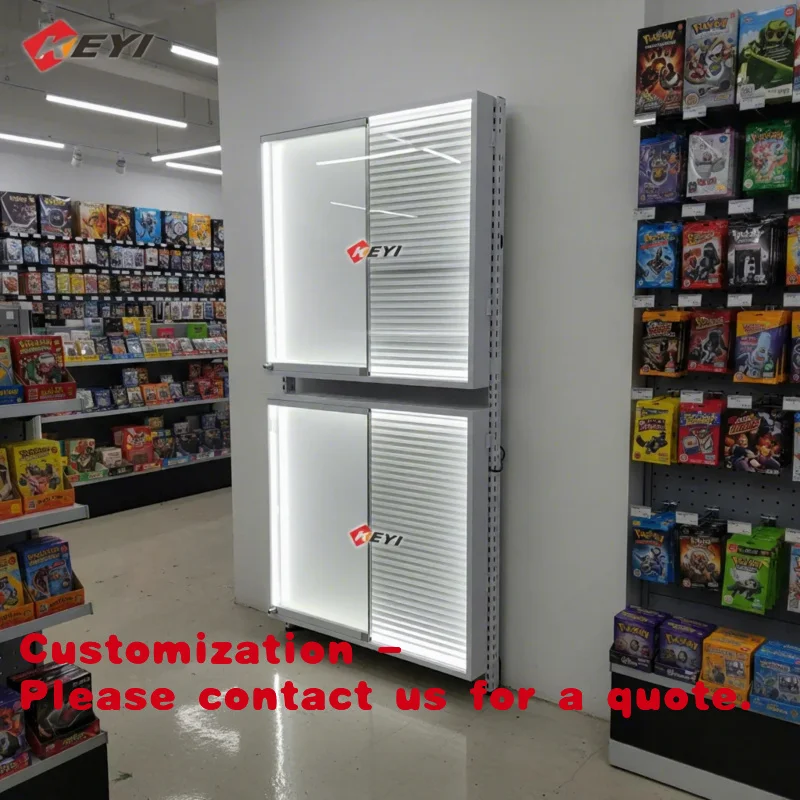 custom.Factory Price Wall Mounted LED Lighting Lockable Trading Cards Display Stand Sport Cards Display TCG Store and Collec