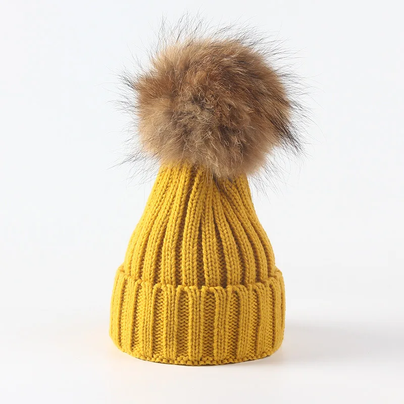 Winter Brand  Fur Pom Poms hat Winter Hat For Boy  Girl \'s Hat Knitted Beanies Cap Hat 2-10 years