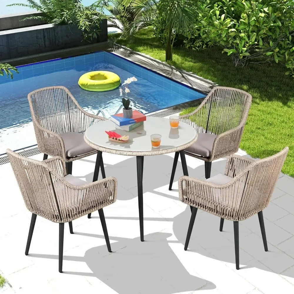 

Outdoor Tables， 5-Piece Patio Dining Set, W/Umbrella Hole, 4 Cushioned Chairs&Glass Table，patio Furniture