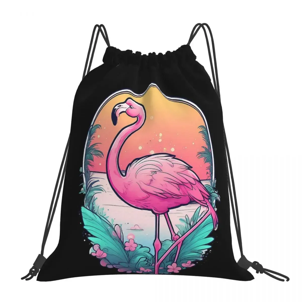 Graceful Flamingo Watercolor Painting Backpacks Drawstring Bags Drawstring Bundle Pocket Sports Bag BookBag For Man Woman School