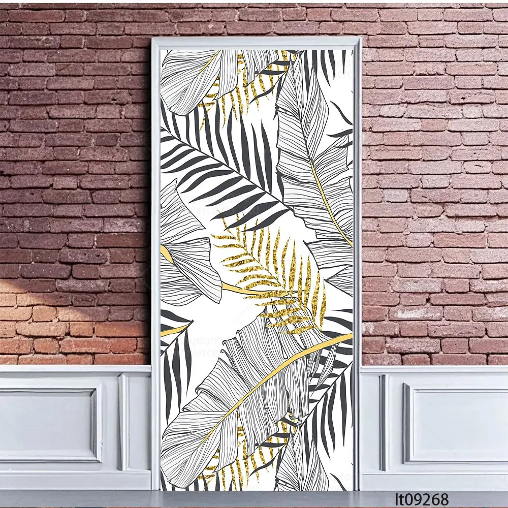 3D Gold Tropical Leaf Door Sticker Self Adhesive Removable Monstera Ginkgo Door Wrap Peel and Stick
