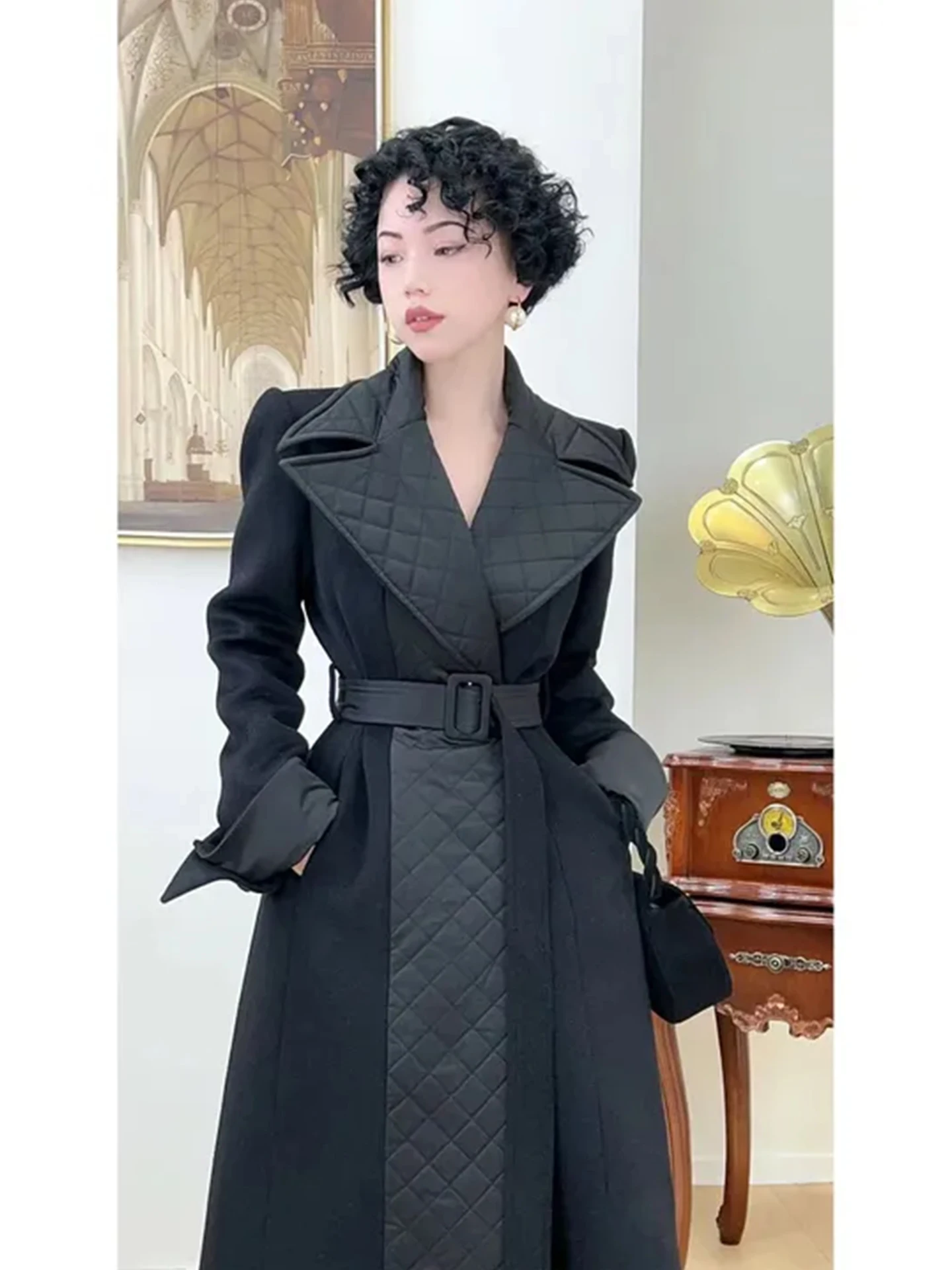 

Теплое длинное пуховое пальто для женщин из шерстяной смеси с пэчворком, дизайн с маской Святого Марка, высокая талия, для повседневной носки, зимняя верхняя одежда