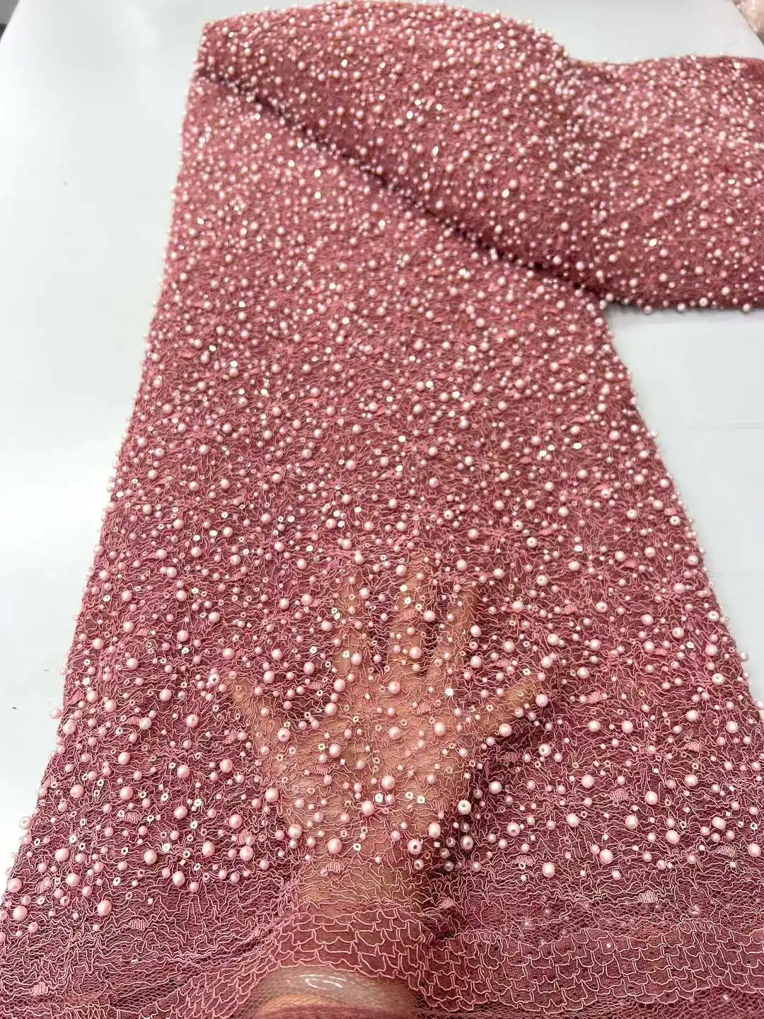 

2026 High-Quality African Beads Lace Fabric Nigerian Groom French Sequins Lace for Wedding Party Dresses Sewing
