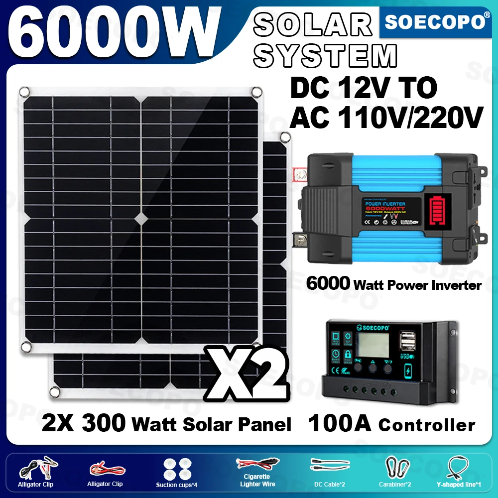 

SOECOPO Portable 6000W Solar System: 2×300W Panels, 6000W Inverter, 100A Controller – For Home, Camping, Car (18V Solar Power)