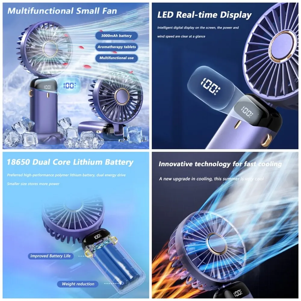 Multifuncional ventilador elétrico com pescoço colhedor, portátil, portátil, escritório, desktop, bateria dupla, 3000mAh, novo, 2023