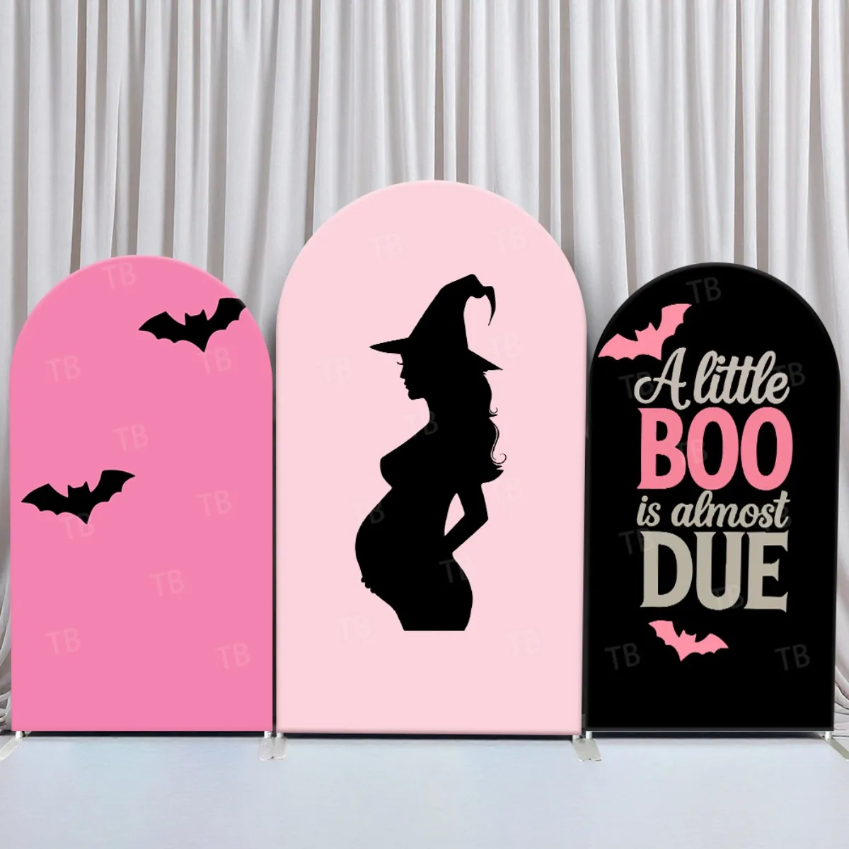 

Halloween Pregnancy Pink and Black Arch Backdrop Cover for Baby Shower Party A Little Boo Is Almost Due Decor Fabric Background
